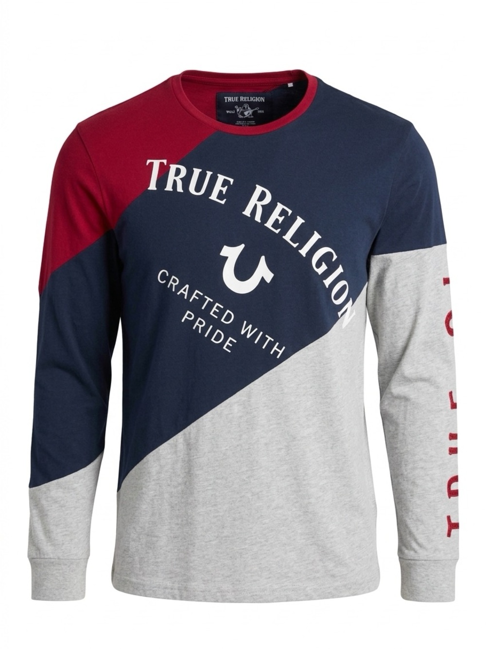 True Religion Men’s Colorblock Long Sleeve Tee - Navy/Red/Gray